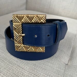 CANADA BELT Blue Gold Tone Ornate Buckle Square Shape 90's Retro Dressy Chic